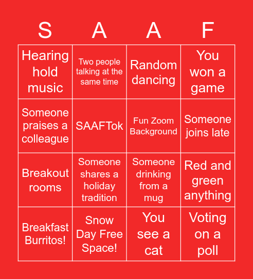 SAAF Snow Day Holiday Special Bingo Card