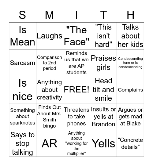 Mrs. Smith Bingo Card