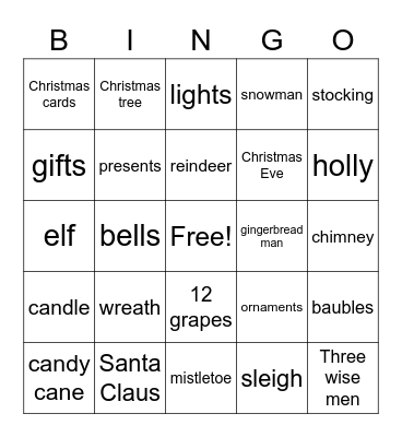 Christmas Vocabulary Bingo Card