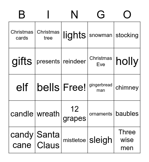 Christmas Vocabulary Bingo Card