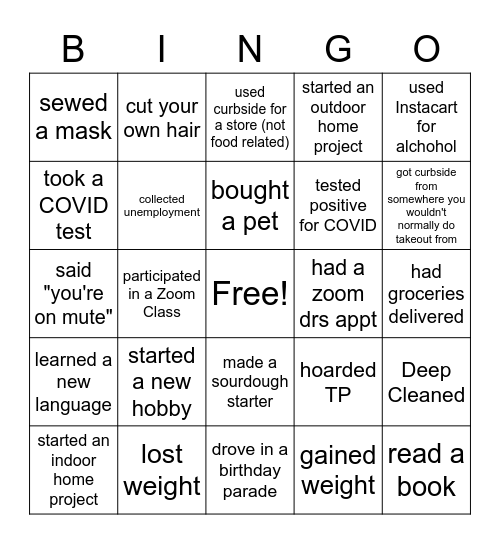 Pandemic Bingo Card