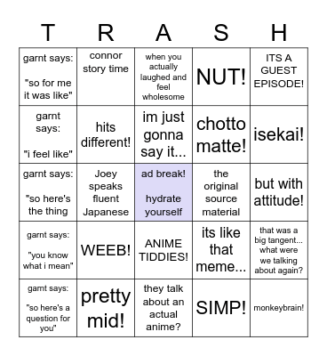 trash taste drinking game Bingo Card