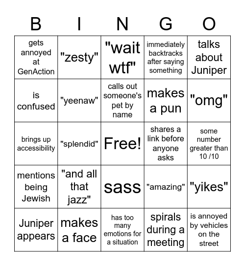Rachel does things Bingo Card