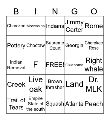 Georgia Bingo Card