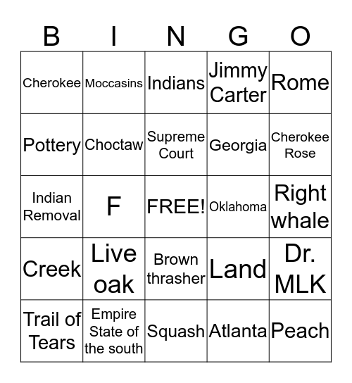 Georgia Bingo Card