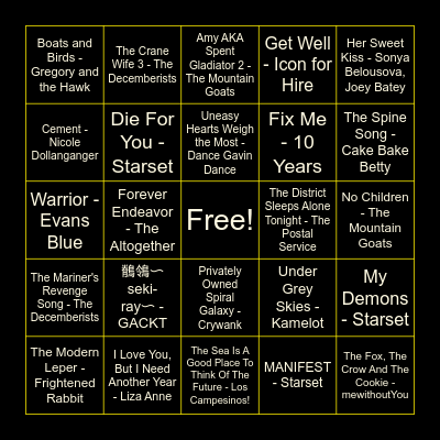 Favorite Songs: Jude Bingo Card