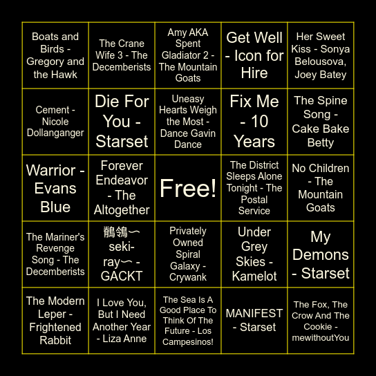 Favorite Songs: Jude Bingo Card