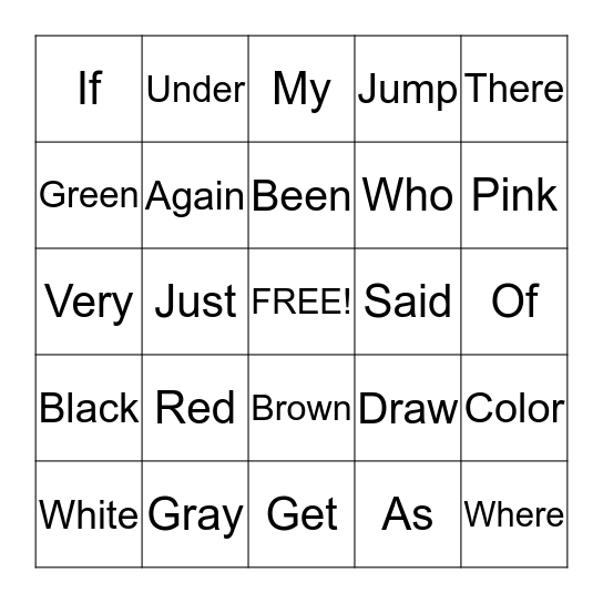 Bingo Sight Words Bingo Card