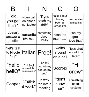 "Jess" For Us Bingo Card