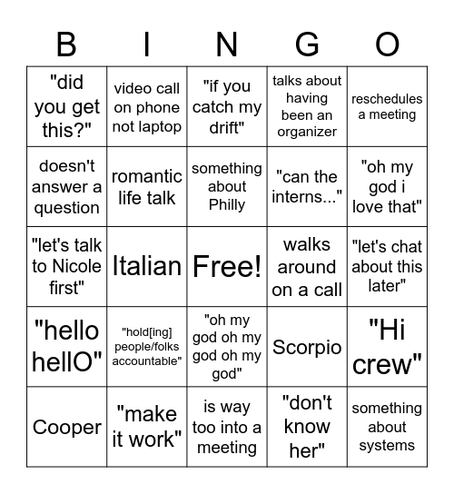 "Jess" For Us Bingo Card