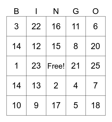 Number Bingo Card