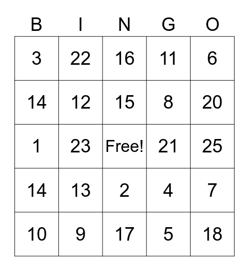 Number Bingo Card