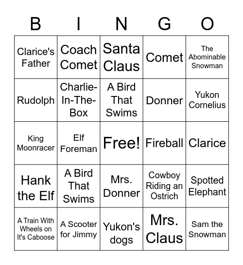Rudolph the Red-Nosed Reindeer Bingo Card