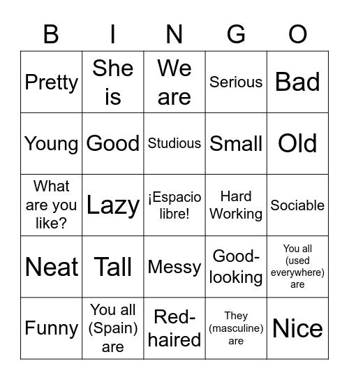 Adjectives & Ser Bingo Card