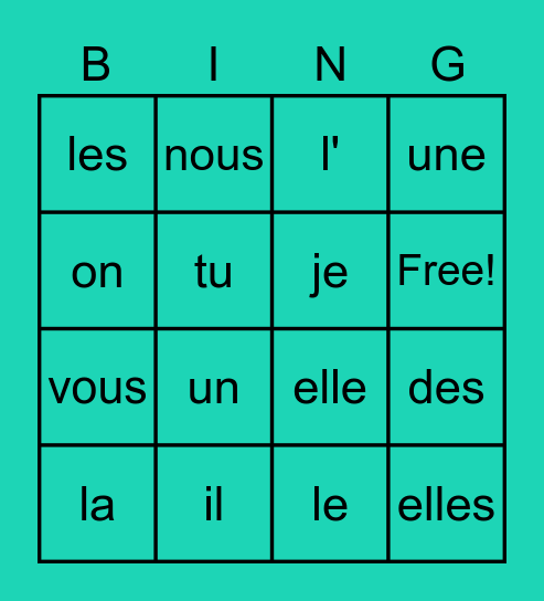 French articles and subject pronouns Bingo Card