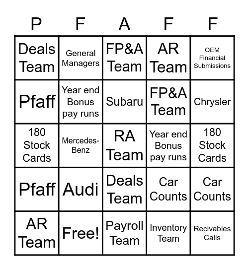 Pfaff Bingo Card