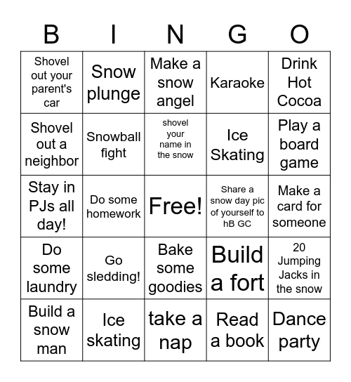 Snow Day Bingo Card