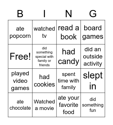 Winter Break Bingo Card
