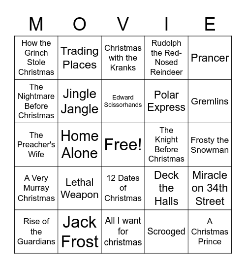 Holiday Movie BINGO Card