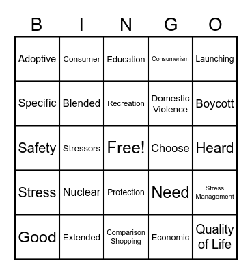 PHS Semester Review BINGO Card