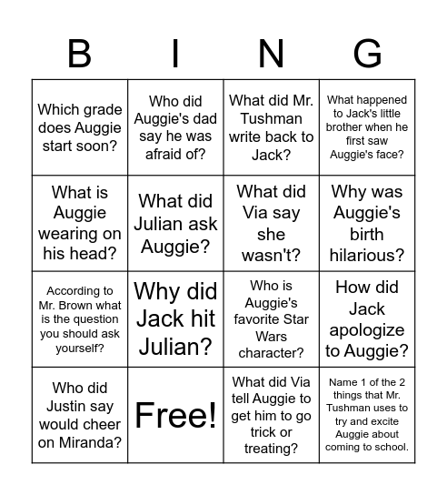 Wonder Bingo Card