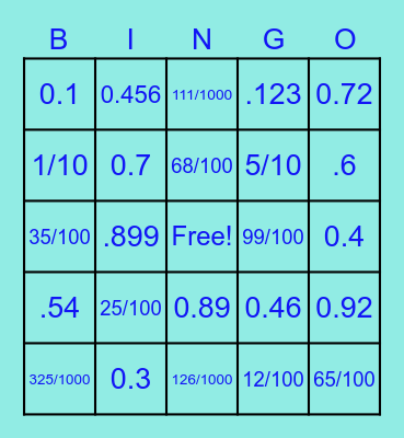 Fractions and Decimals Bingo Card