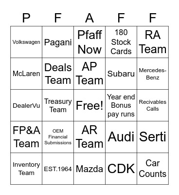 Pfaff Bingo Card