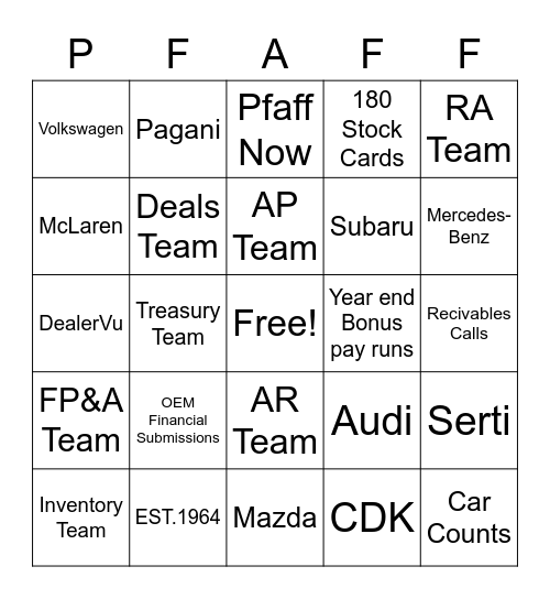 Pfaff Bingo Card
