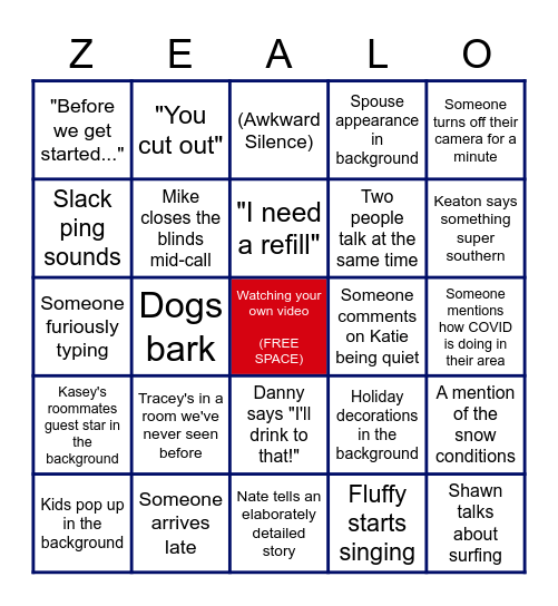 Zeal Holiday Bingo Card