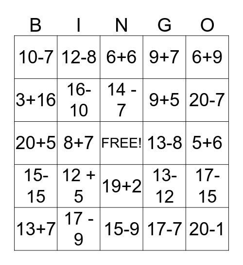 Peast arvutamine 20 piires Bingo Card