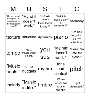 CVA Music Appreciation 2020 Bingo Card