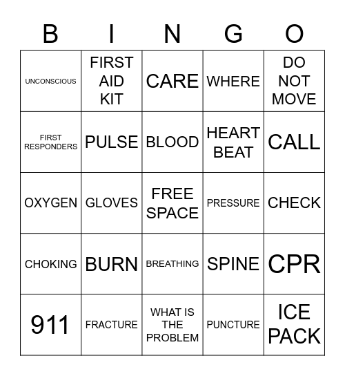 First Aid Bingo Card