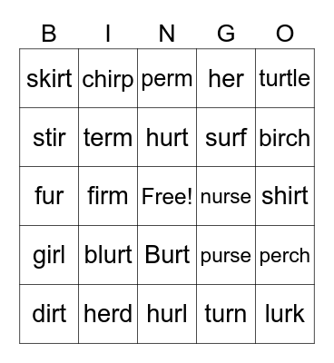 er, ir, ur Bingo Card