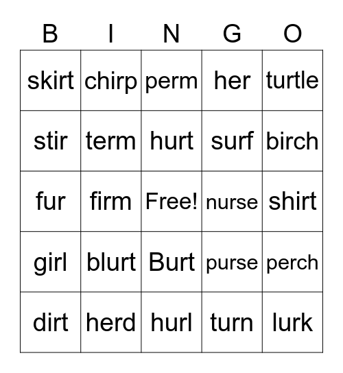 er, ir, ur Bingo Card