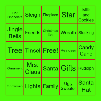 Holiday Words Bingo Card