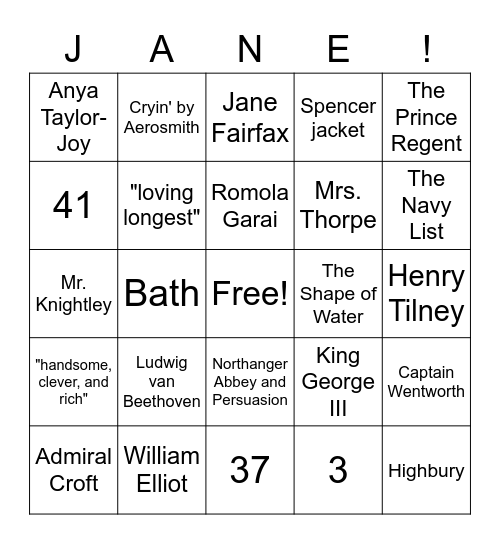 Jane Austen - Later Works Bingo Card