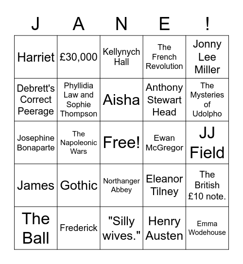 Jane Austen - Later Works Bingo Card