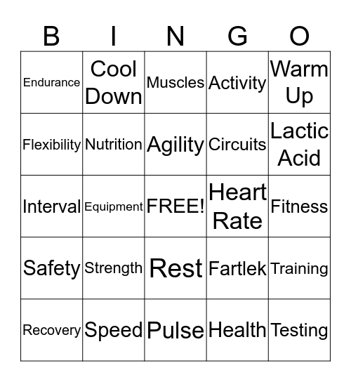Health Related Exercise Bingo Card