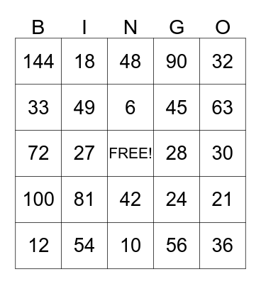 Multiplication Bingo Card