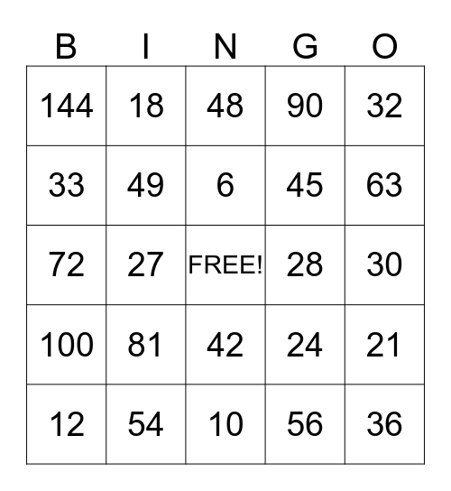 Multiplication Bingo Card