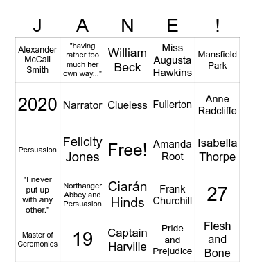 Jane Austen - Later Works Bingo Card