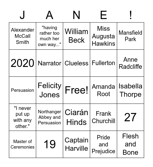 Jane Austen - Later Works Bingo Card