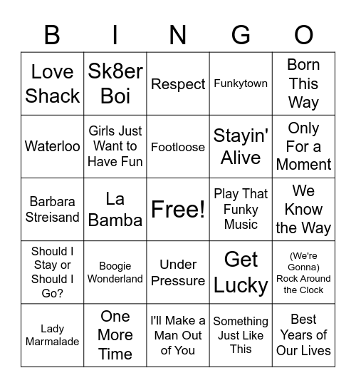 Adult Rec Name That Tune Bingo Card