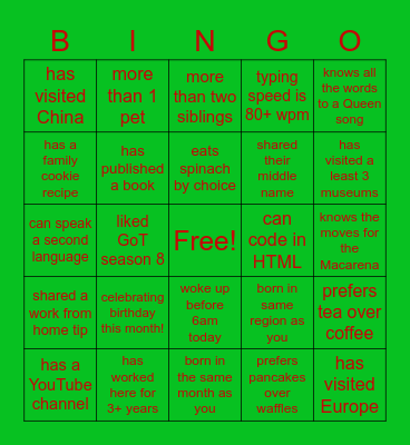 Team Building Bingo Card