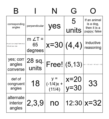 Geometry Winter Showdown Ch. 1,2,3,5 Bingo Card