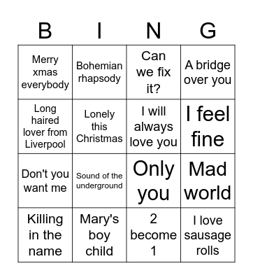 Christmas no1s Bingo Card