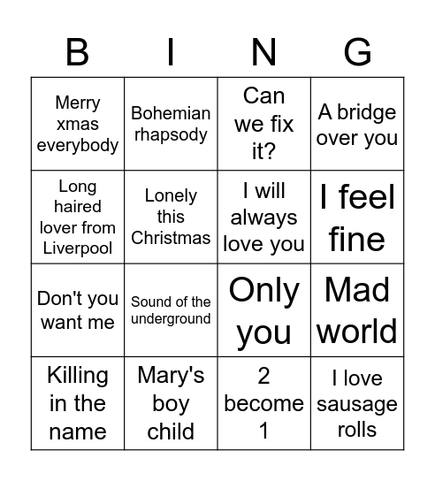 Christmas no1s Bingo Card