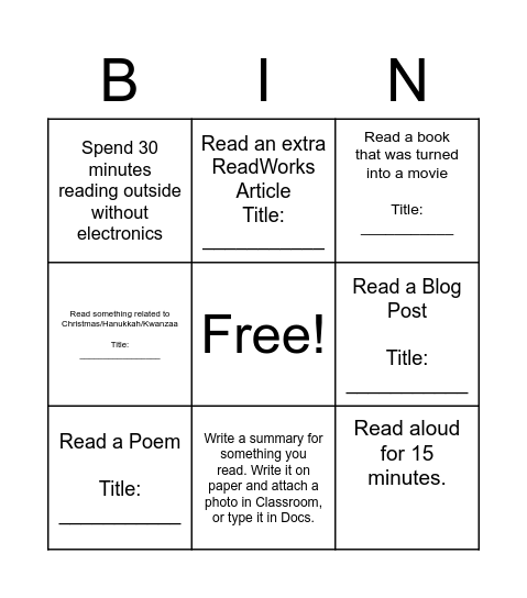 Christmas Break Reading Bingo Card