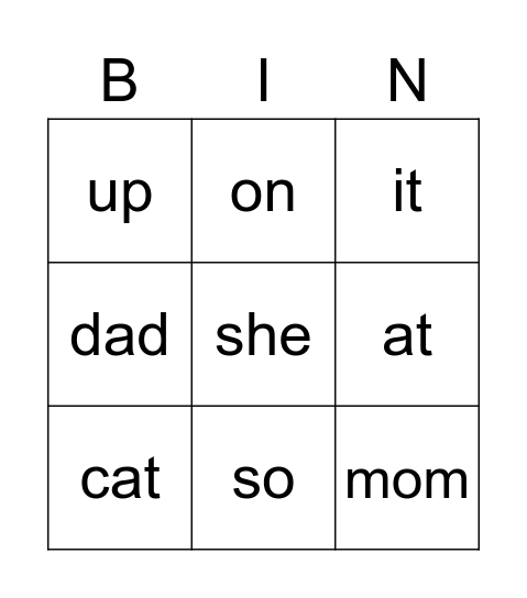 Sight words Bingo Card