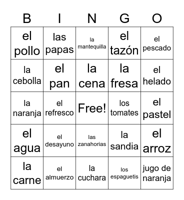 La comida Bingo Card